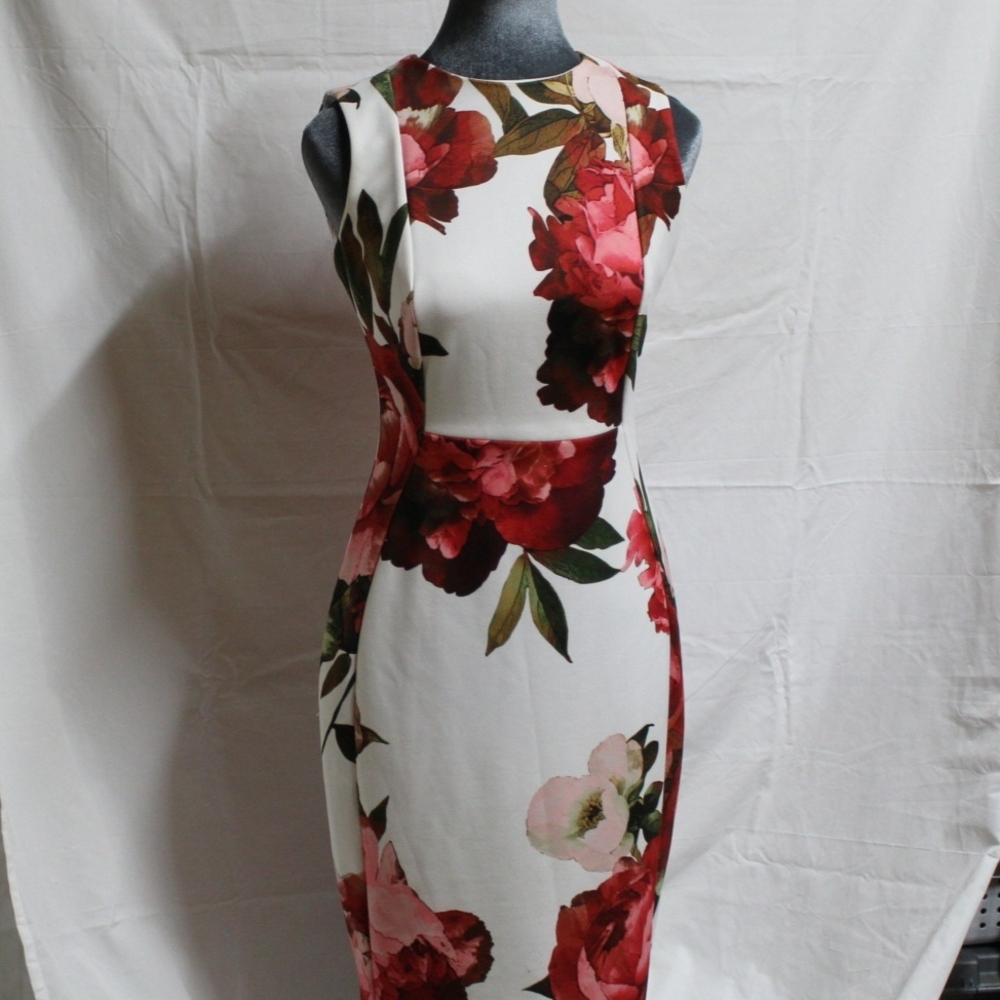 Calvin Klein Red and Green Floral Sheath Midi Dress